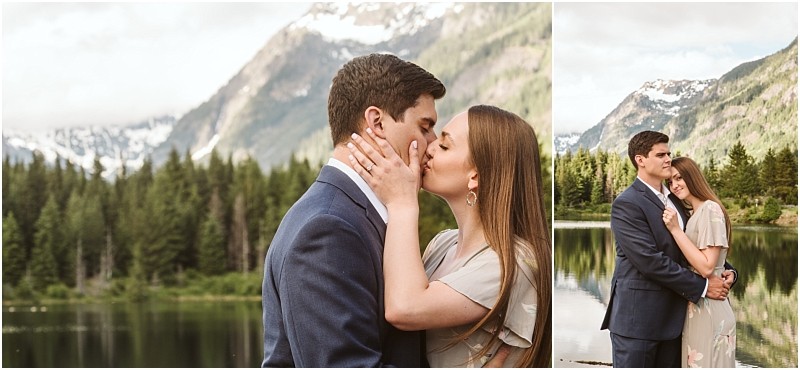 Snohomish & seattle wedding photographer | gsquared weddings photography a couple stands by gold creek pond surrounded by trees The woman gently kisses the mans cheek and cradles his face Inset they embrace smiling with scenic mountains and forest reflected in the water during their engagement | wedding photo by gsquared weddings