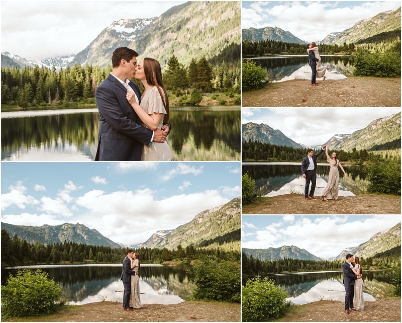 Snohomish & seattle wedding photographer | gsquared weddings photography a couple dressed formally pose and embrace by gold creek pond surrounded by evergreen trees and snow capped peaks under a partly cloudy sky in a series of romantic engagement photos | wedding photo by gsquared weddings