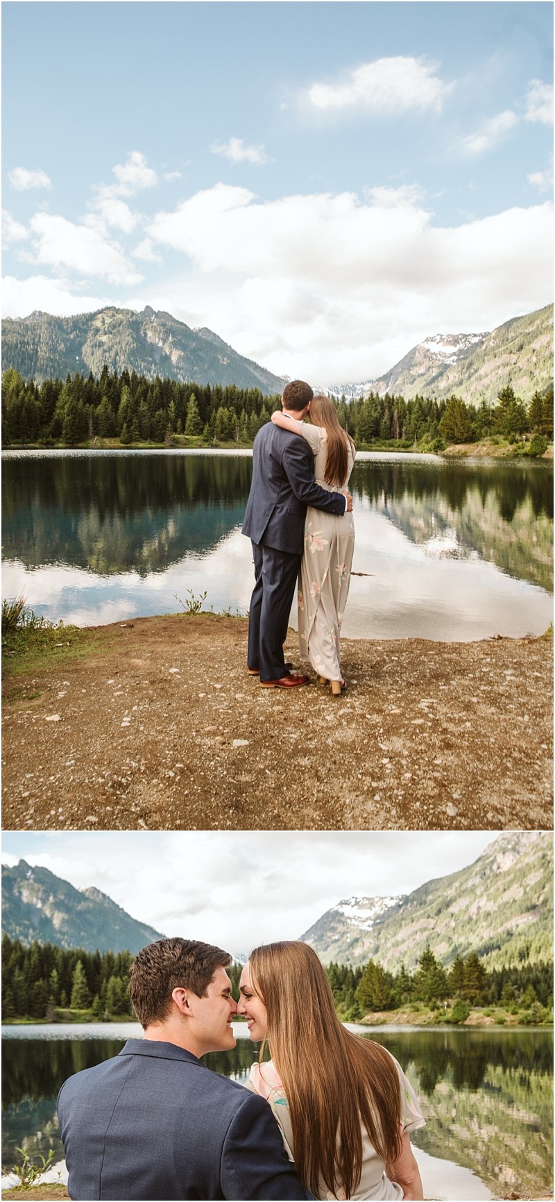 Snohomish & seattle wedding photographer | gsquared weddings photography a couple stands by gold creek pond embracing and looking at the scenic forested landscape in a closer view they sit together smiling and gazing at each other with mountains and trees in the background during their engagement session | wedding photo by gsquared weddings
