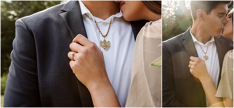 Snohomish & seattle wedding photographer | gsquared weddings photography a close up of a couple embracing outdoors at gold creek pond the woman touches the mans chest showing her engagement ring while the man wears a gold chain with a pendant Sunlight creates a warm intimate atmosphere | wedding photo by gsquared weddings