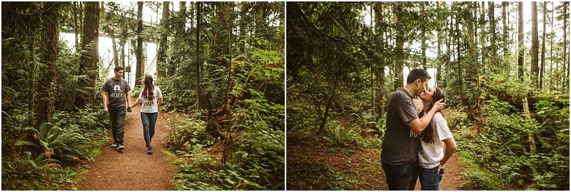 Snohomish & seattle wedding photographer | gsquared weddings photography a couple walks hand in hand on a forest path during their deception pass engagement session in june 2020 and in the second image they stand close together sharing a kiss among tall trees and lush greenery | wedding photo by gsquared weddings