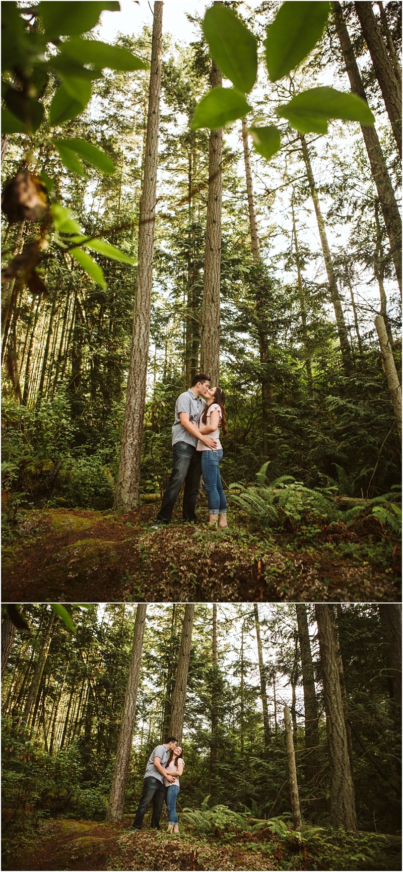 Snohomish & seattle wedding photographer | gsquared weddings photography a couple stands close together in a forest at deception pass surrounded by tall trees and lush greenery sharing an intimate embrace and kiss in two different poses during their june 2020 engagement session | wedding photo by gsquared weddings