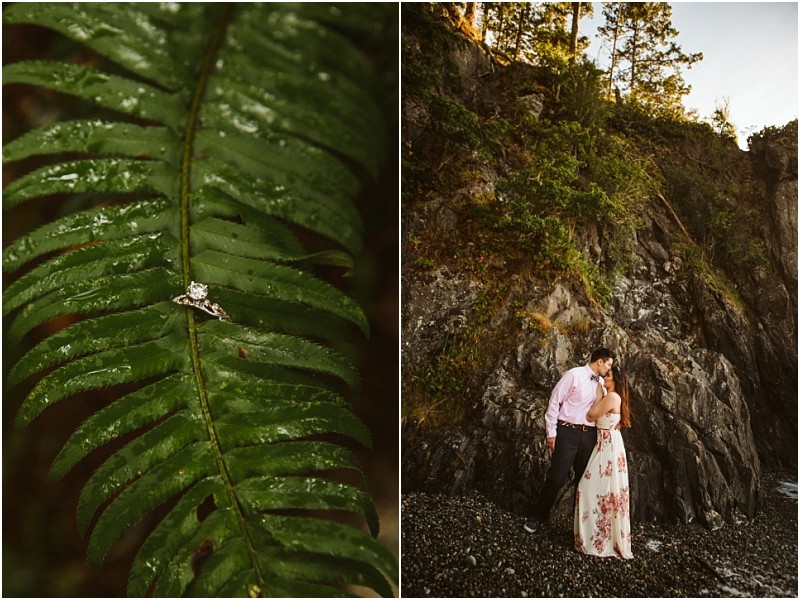 Snohomish & seattle wedding photographer | gsquared weddings photography left an engagement ring rests on a wet green fern leaf Right a couple stands close together on a rocky beach cliffs and trees in the background sharing an intimate moment during their deception pass engagement session june 2020 | wedding photo by gsquared weddings