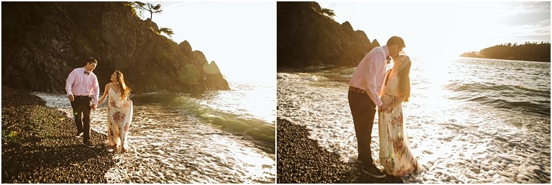 Snohomish & seattle wedding photographer | gsquared weddings photography a couple stands on a rocky beach at sunset during their deception pass engagement session in june 2020walking hand in hand in one image and sharing a kiss by the waters edge as sunlight dances on the waves | wedding photo by gsquared weddings