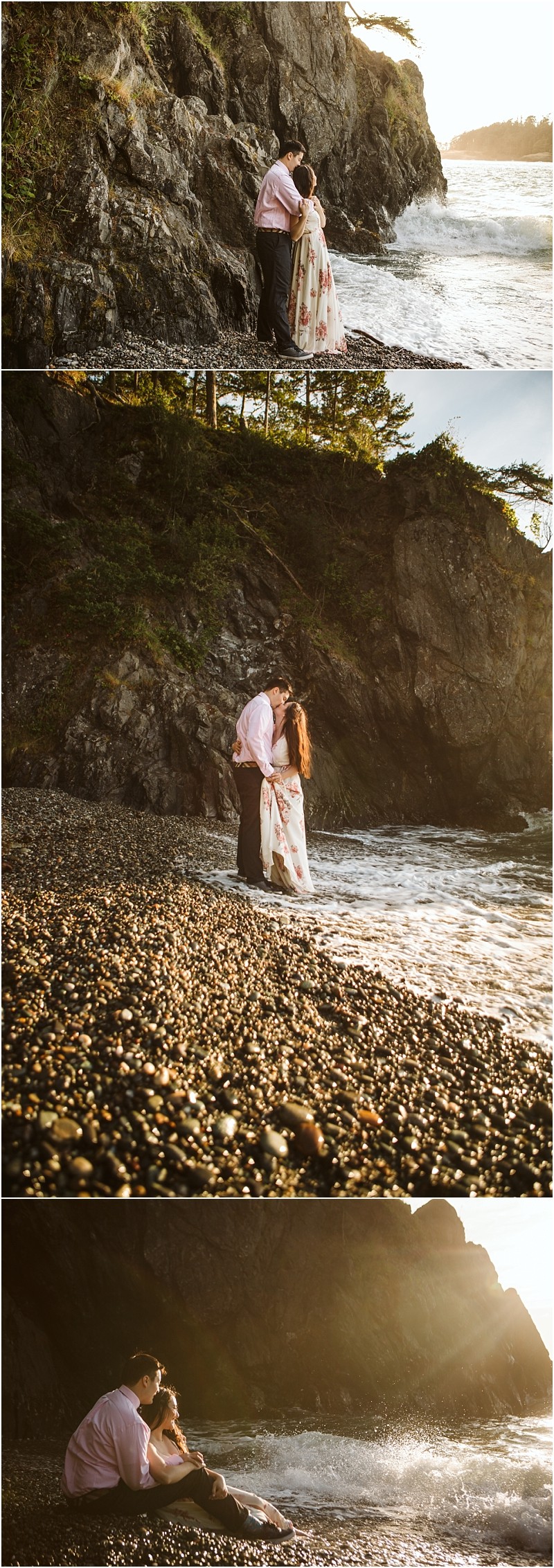 Snohomish & seattle wedding photographer | gsquared weddings photography a couple stands and sits on a rocky beach by the ocean at sunset during their deception pass engagement session in june 2020 embracing and enjoying the waves near cliffs and trees She wears a long floral dress he wears a light pink shirt | wedding photo by gsquared weddings