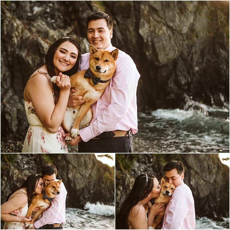 Snohomish & seattle wedding photographer | gsquared weddings photography a smiling couple stands by rocky cliffs near the ocean during their deception pass engagement session in june 2020 holding a shiba inu in a bow tie In smaller photos below they each kiss and cuddle their adorable dog | wedding photo by gsquared weddings