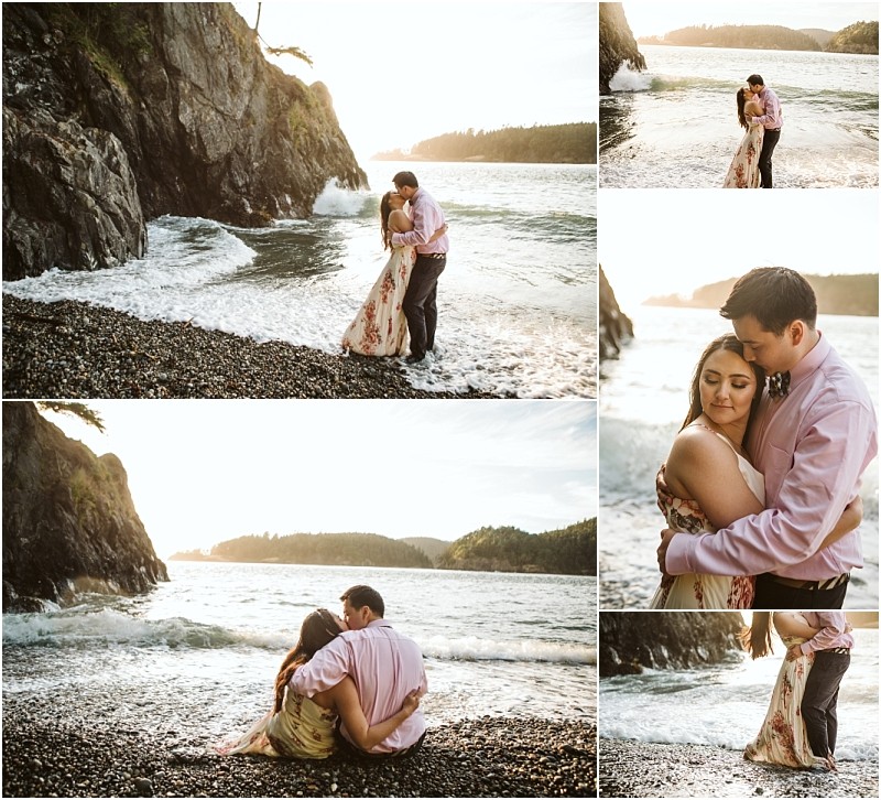 Snohomish & seattle wedding photographer | gsquared weddings photography a couple in dressy attire embraces and poses lovingly on a rocky beach at sunset during their deception pass engagement session in june 2020 with waves cliffs and trees framing their romantic moments by the water | wedding photo by gsquared weddings