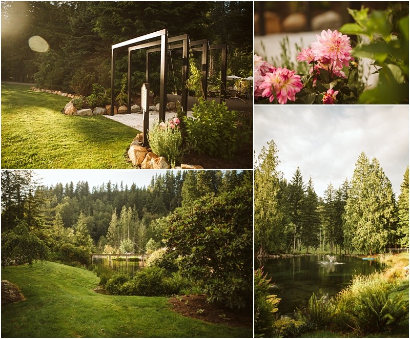 Snohomish & seattle wedding photographer | gsquared weddings photography a collage of four garden scenes a manicured lawn with a modern pergola and gray bridge close up of pink flowers a lush pond surrounded by trees and a wide view of greenery and wooded landscape under soft sunlight | wedding photo by gsquared weddings