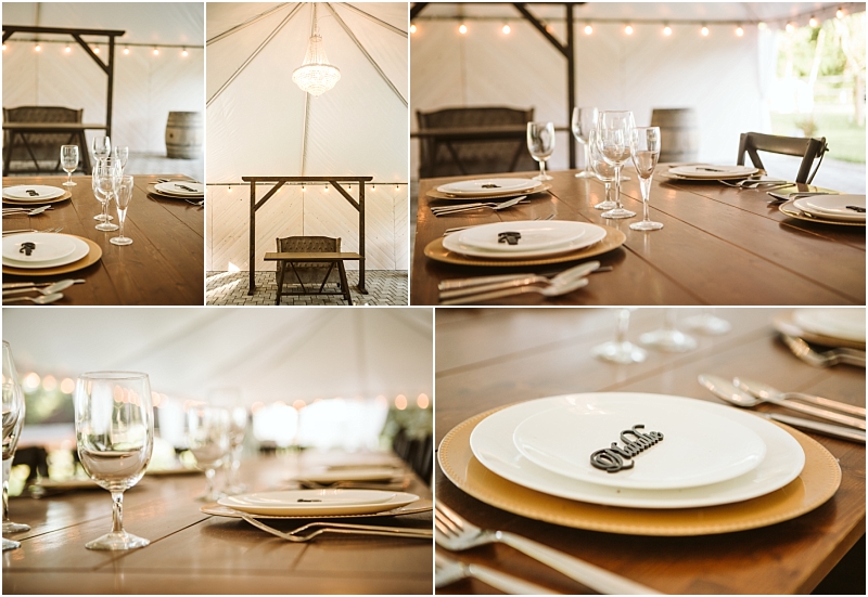 Snohomish & seattle wedding photographer | gsquared weddings photography a collage of rustic wedding table settings under a tent at gray bridge featuring wooden tables plates with silverware wine glasses and string lights creating an elegant and inviting atmosphere | wedding photo by gsquared weddings