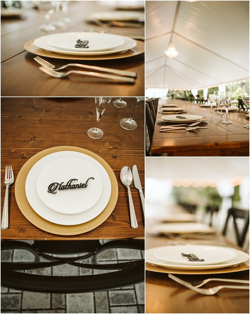 Snohomish & seattle wedding photographer | gsquared weddings photography collage of elegant table settings under a white tent at gray bridge featuring plates with gold chargers cutlery wine glasses and a decorative name card reading nathaniel on one plate | wedding photo by gsquared weddings