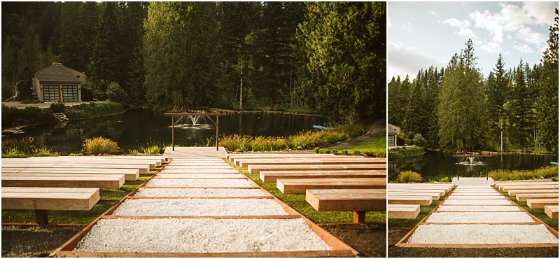 Snohomish & seattle wedding photographer | gsquared weddings photography an outdoor wedding ceremony site at gray bridge features wooden benches facing a pond surrounded by tall trees A fountain sparkles in the water and a wooden arch stands at the front creating a peaceful and natural setting | wedding photo by gsquared weddings