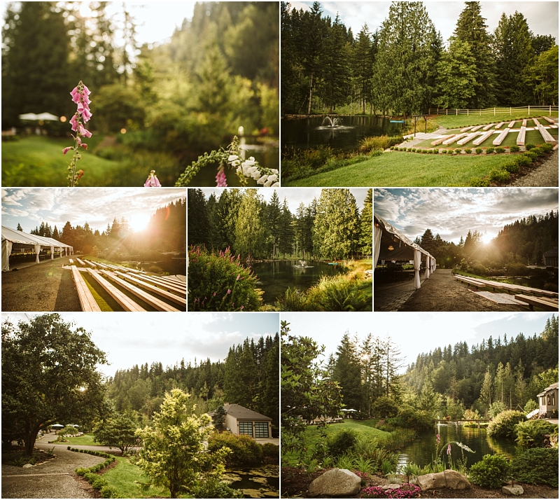 Snohomish & seattle wedding photographer | gsquared weddings photography a collage of outdoor wedding venue photos at gray bridge featuring benches flower gardens a pond lush green trees a tent and sunlight streaming through the forest in a peaceful natural setting | wedding photo by gsquared weddings