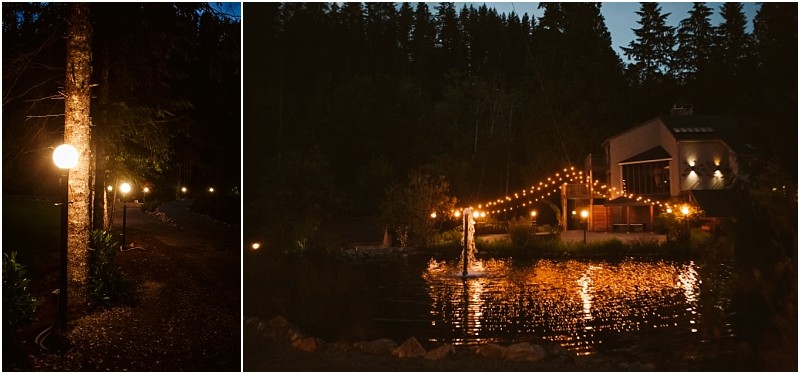 Snohomish & seattle wedding photographer | gsquared weddings photography a nighttime scene shows a tree lined path lit by glowing lamps and a pond with string lights reflected in the water with a gray bridge arching gracefully nearby leading to a house nestled among tall trees | wedding photo by gsquared weddings