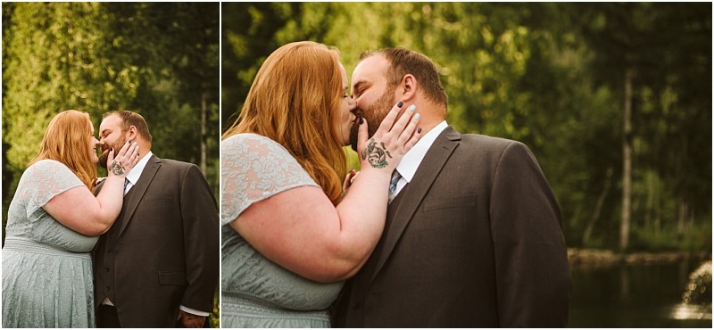 Snohomish & seattle wedding photographer | gsquared weddings photography a couple shares a kiss outdoors during their gray bridge engagement The woman gently holds the mans face as both appear happy and affectionate with lush green trees in the background The image is split into two views of this special moment | wedding photo by gsquared weddings