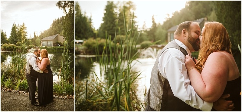 Snohomish & seattle wedding photographer | gsquared weddings photography a couple embraces and shares a kiss beside a tranquil pond near a gray bridge surrounded by lush greenery and soft golden sunlight streaming through the treesa perfect engagement moment | wedding photo by gsquared weddings