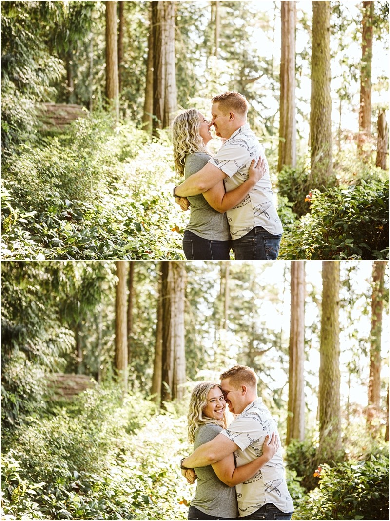 Snohomish & seattle wedding photographer | gsquared weddings photography a couple stands embracing in a sunlit forest at deception pass whidbey island In the top image they are about to kiss in the bottom they smile at the camera while holding each other closely among tall trees and greenery | wedding photo by gsquared weddings