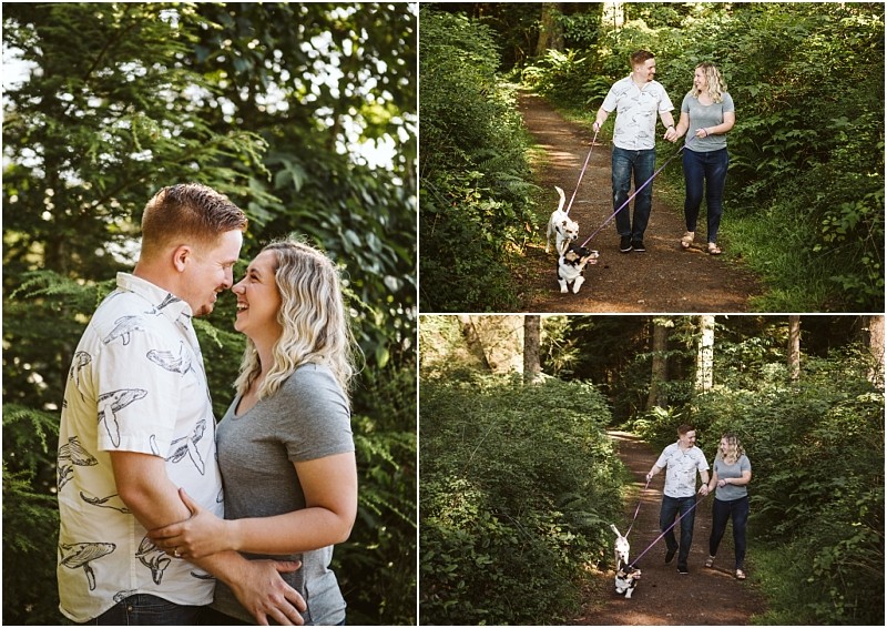 Snohomish & seattle wedding photographer | gsquared weddings photography a young couple with their small dog enjoys a walk on a forest path at deception pass whidbey island one photo shows them smiling at each other while another captures them holding hands and walking their dog during their engagement session | wedding photo by gsquared weddings