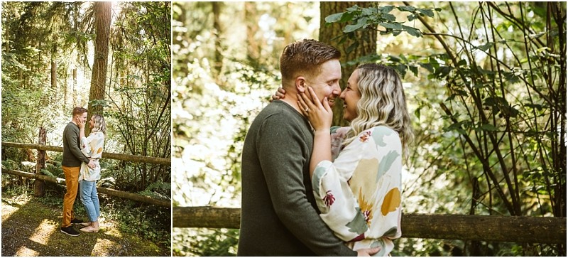 Snohomish & seattle wedding photographer | gsquared weddings photography a man and woman with their dogs enjoy the woods at deception pass capturing a magical whidbey island engagement moment | wedding photo by gsquared weddings