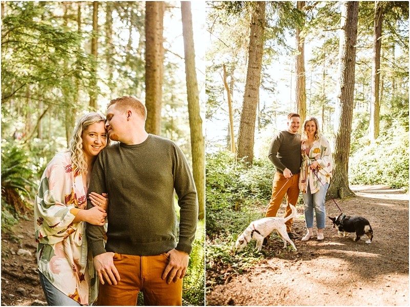 Snohomish & seattle wedding photographer | gsquared weddings photography two photos show a couple in a sunlit forest during their deception pass whidbey island engagement In one they smile as the man kisses her temple in the other they stand close on a wooded path each holding their dogs leash | wedding photo by gsquared weddings
