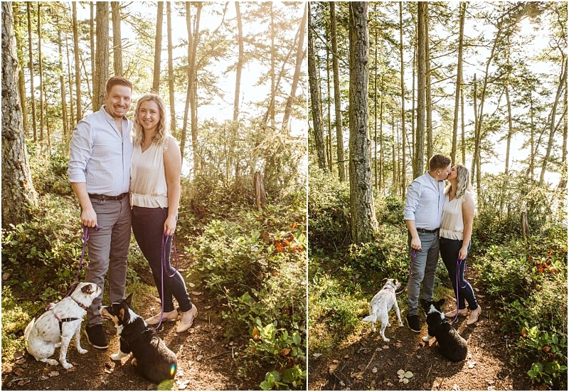 Snohomish & seattle wedding photographer | gsquared weddings photography a couple stands in a sunlit forest at deception pass whidbey island smiling and holding hands with their two dogs In one photo they look at the camera in another they share a kiss while the dogs sit at their feet | wedding photo by gsquared weddings