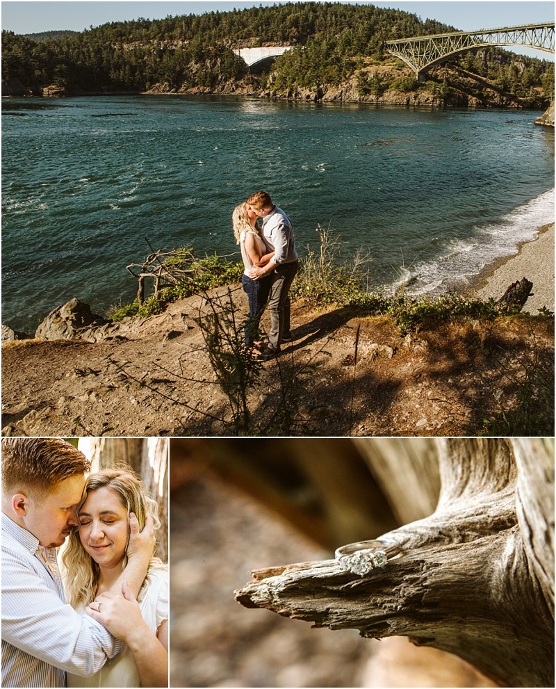 Snohomish & seattle wedding photographer | gsquared weddings photography a couple embraces and kisses near scenic deception pass on whidbey island with a bridge and forested hills in the background below close ups show them cuddling their dogs and an engagement ring resting on driftwood | wedding photo by gsquared weddings