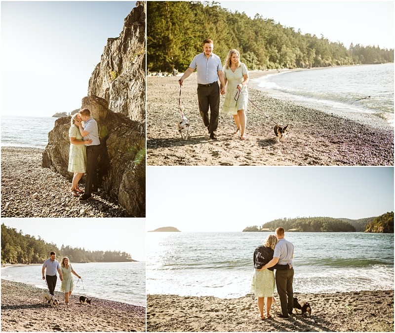Snohomish & seattle wedding photographer | gsquared weddings photography a couple enjoys a sunny day at deception pass whidbey island with their two dogswalking on the sand hugging by rocky shores and gazing out at the ocean framed by trees and gentle waves during their engagement | wedding photo by gsquared weddings
