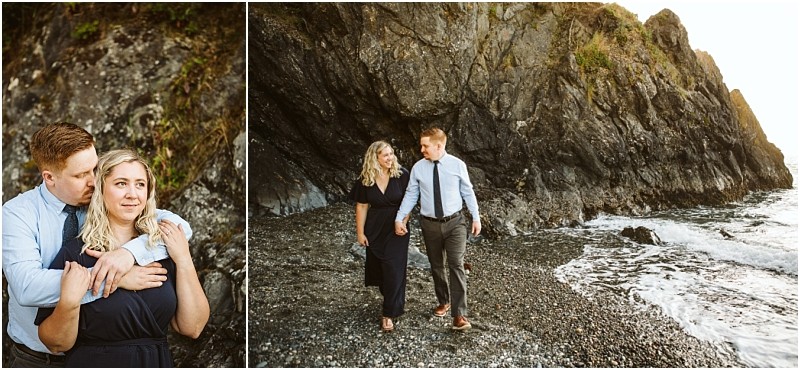 Snohomish & seattle wedding photographer | gsquared weddings photography a couple is by a rocky seaside at deception pass whidbey island with one image showing them embracing and another walking hand in hand along the pebbly shore dressed in semi formal attire near the ocean and cliffs | wedding photo by gsquared weddings