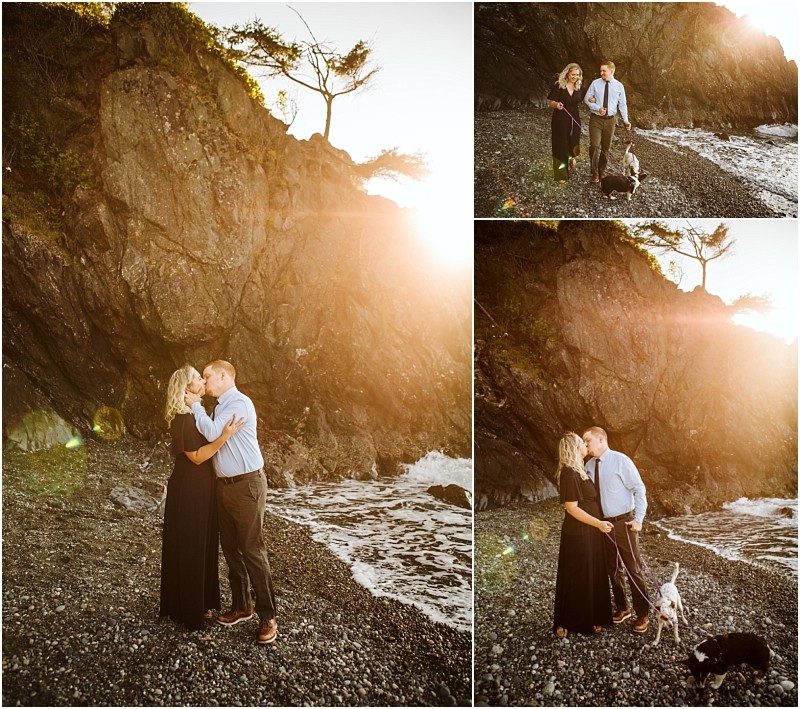 Snohomish & seattle wedding photographer | gsquared weddings photography a couple embraces and kisses at sunset on a rocky beach near deception pass accompanied by their black and white dog Sunlight glows behind them with a steep rock face and sparse trees in the backgroundperfect for a whidbey island engagement | wedding photo by gsquared weddings