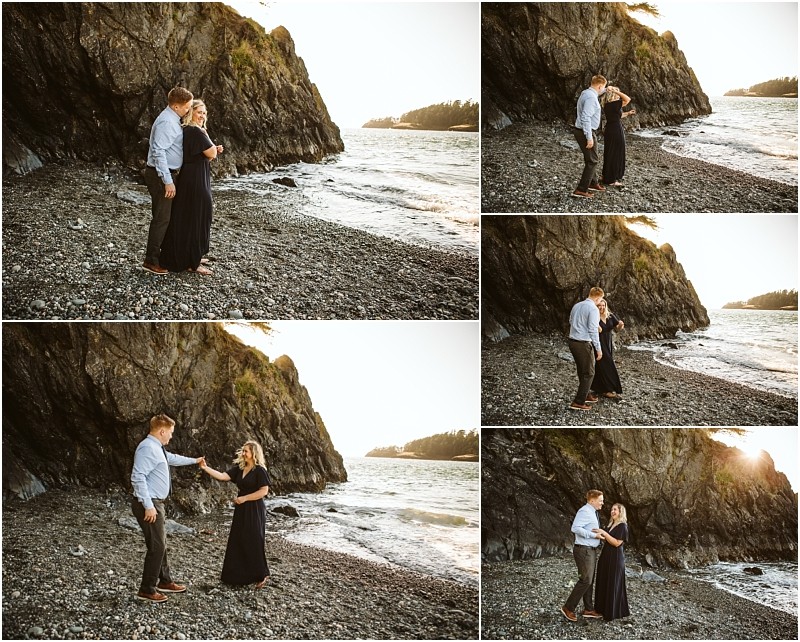 Snohomish & seattle wedding photographer | gsquared weddings photography a couple stands and dances together with their dogs on a rocky beach at sunset near deception pass whidbey island sharing affectionate moments by the water in various poses | wedding photo by gsquared weddings