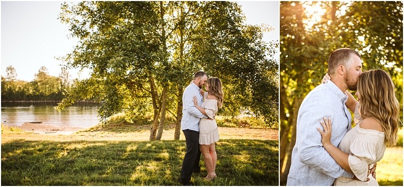 Snohomish & seattle wedding photographer | gsquared weddings photography a couple embraces outdoors near a river at pemberton farm in snohomish surrounded by green grass and trees Warm sunlight filters through the leaves as they share a tender moment highlighting their close connection | wedding photo by gsquared weddings