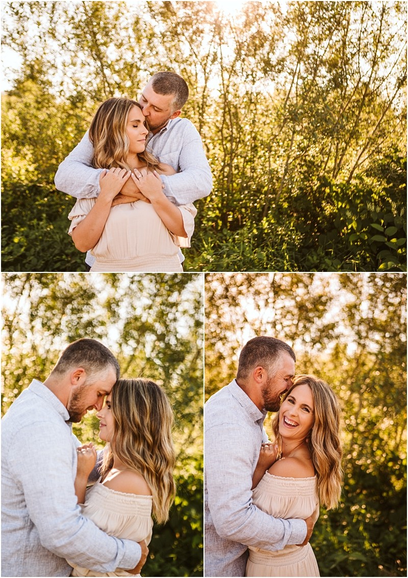 Snohomish & seattle wedding photographer | gsquared weddings photography a couple embraces outdoors in golden sunlight during their pemberton farm engagement In the top photo the man hugs the woman from behind below they touch foreheads and smile at each other amid snohomish greenery | wedding photo by gsquared weddings