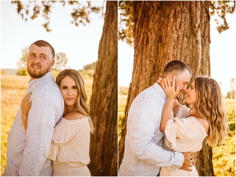 Snohomish & seattle wedding photographer | gsquared weddings photography a couple poses outdoors by a large tree at pemberton farm in snohomish both in light colored clothes In one photo they stand side by side in the other they embrace closely under warm sunlight | wedding photo by gsquared weddings