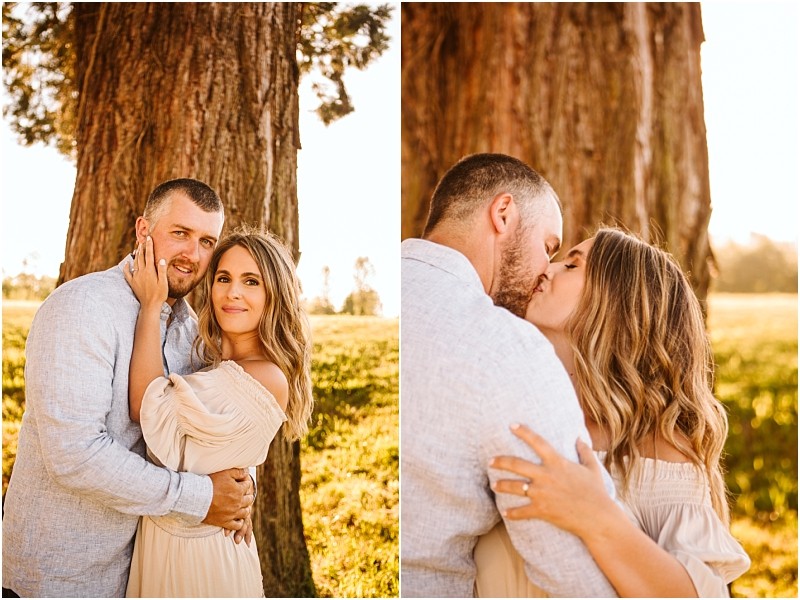 Snohomish & seattle wedding photographer | gsquared weddings photography a couple stands closely in front of a large tree at pemberton farm embracing and smiling in one photo and sharing a kiss in the other with sunlight streaming through the grassy snohomish outdoor setting | wedding photo by gsquared weddings