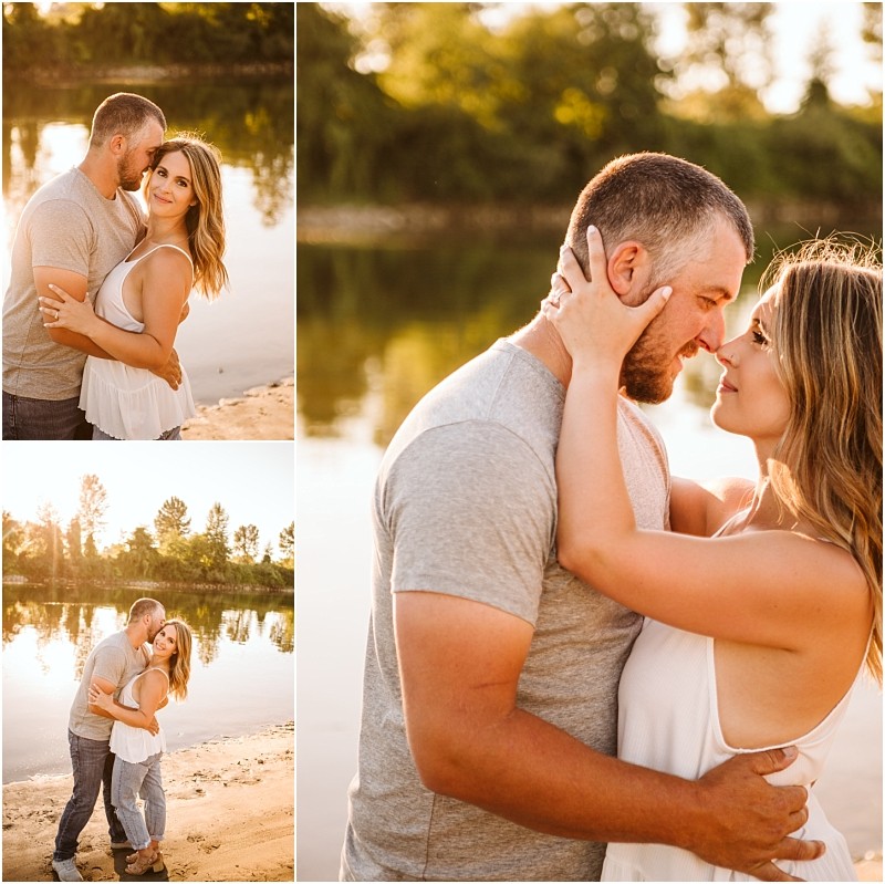 Snohomish & seattle wedding photographer | gsquared weddings photography a couple embraces by a calm riverside at sunset during their pemberton farm engagement in snohomish gazing into each others eyes as golden light reflects off the water and trees in the background | wedding photo by gsquared weddings