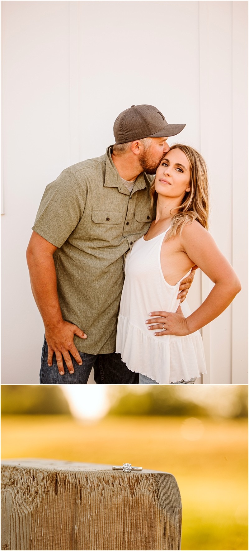Snohomish & seattle wedding photographer | gsquared weddings photography a man in a green shirt and cap kisses a woman with wavy hair on the forehead as she poses with her hand on her hip below an engagement ring at pemberton farm snohomish rests on a wooden post with a blurred outdoor background | wedding photo by gsquared weddings