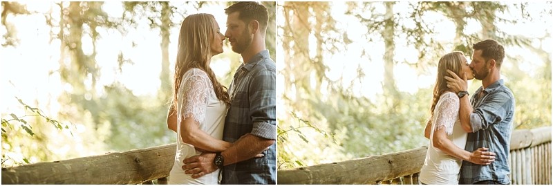 Snohomish & seattle wedding photographer | gsquared weddings photography a couple stands close together outdoors by a wooden railing at deception pass surrounded by trees In the first image they gaze at each other lovingly in the second they share a gentle kiss during their august engagement | wedding photo by gsquared weddings
