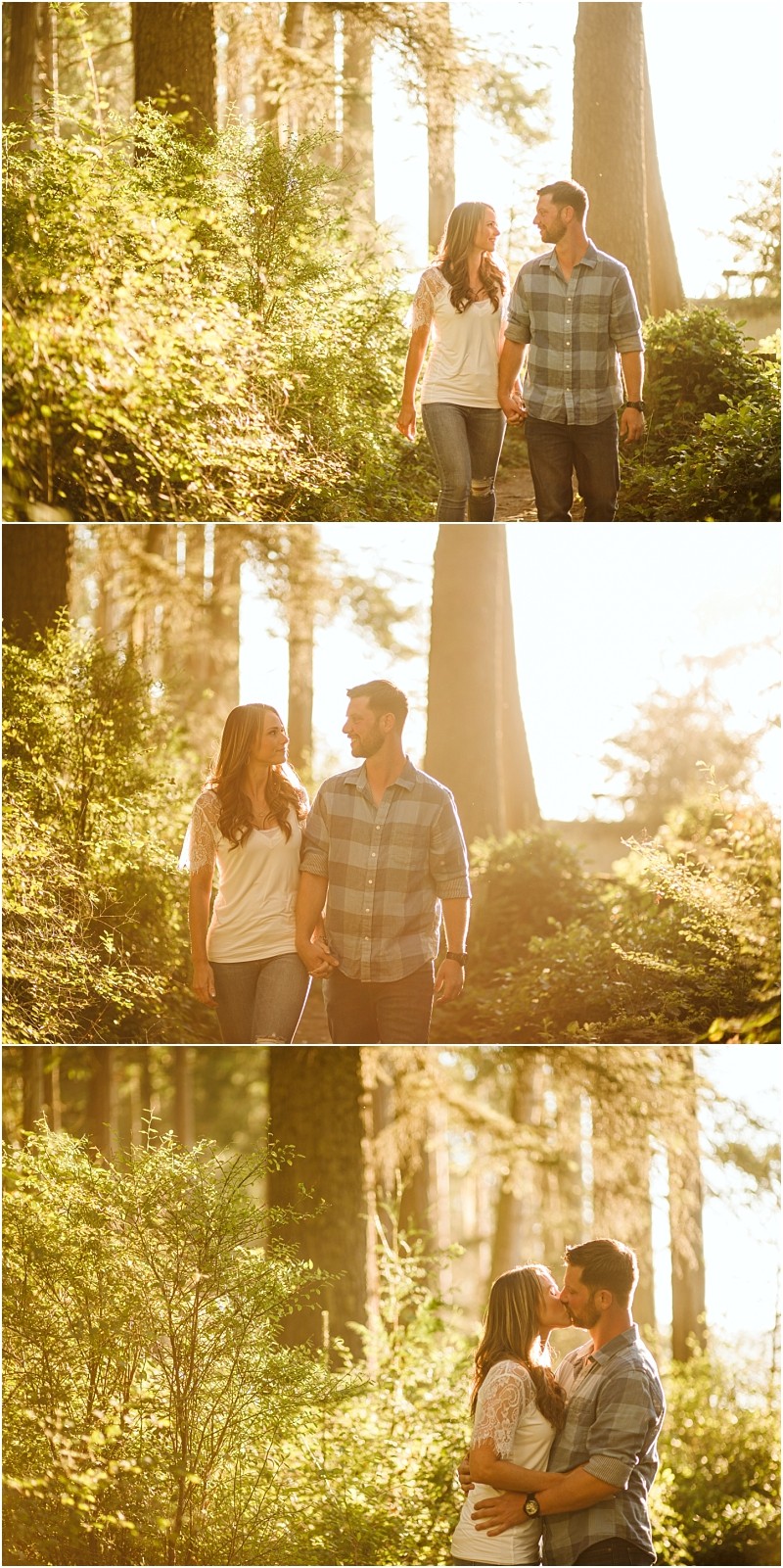 Snohomish & seattle wedding photographer | gsquared weddings photography a couple walks hand in hand through a sunlit deception pass forest smiling at each other In the last photo they stand close together embracing among tall trees and greenery during their august engagement | wedding photo by gsquared weddings