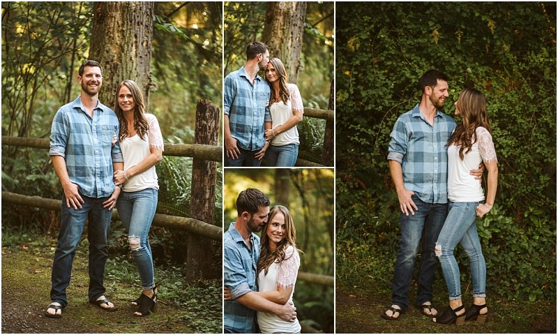 Snohomish & seattle wedding photographer | gsquared weddings photography a couple poses affectionately in a wooded outdoor setting at deception pass standing close and smiling They wear casual outfits the man in a blue plaid shirt and jeans the woman in a white top and ripped jeanscapturing an august engagement moment | wedding photo by gsquared weddings