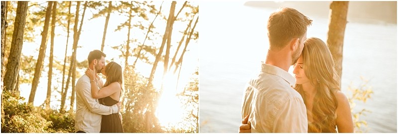 Snohomish & seattle wedding photographer | gsquared weddings photography a couple embraces and gazes at each other in a sunlit forest at deception pass with golden august sunlight streaming through the trees and reflecting off the water in the background | wedding photo by gsquared weddings