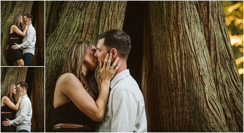 Snohomish & seattle wedding photographer | gsquared weddings photography a couple stands closely and kisses in front of a large tree trunk at deception pass with the woman gently holding the mans face Sunlight filters through the trees Two smaller inset images show the couples august engagement embrace | wedding photo by gsquared weddings