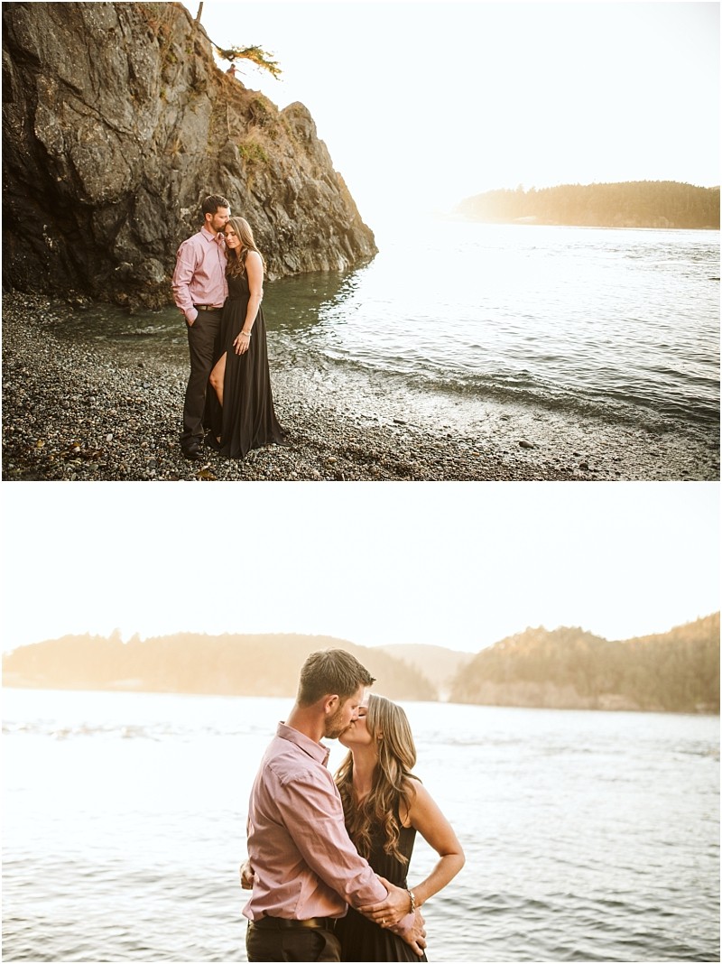 Snohomish & seattle wedding photographer | gsquared weddings photography a couple stands on the rocky deception pass shoreline at sunset embracing and gazing at each other lovingly The golden august glow reflects off calm water capturing the magic of their engagement | wedding photo by gsquared weddings