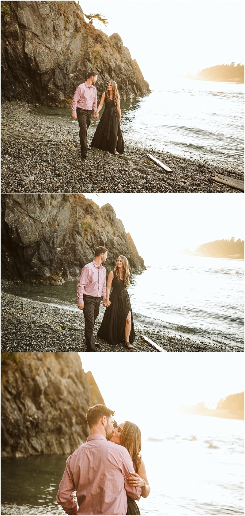 Snohomish & seattle wedding photographer | gsquared weddings photography a couple walks and embraces on a rocky deception pass beach at sunset with cliffs and the ocean in the background Dressed in a black dress and pink shirt they share joyful affectionate august engagement moments near the water | wedding photo by gsquared weddings