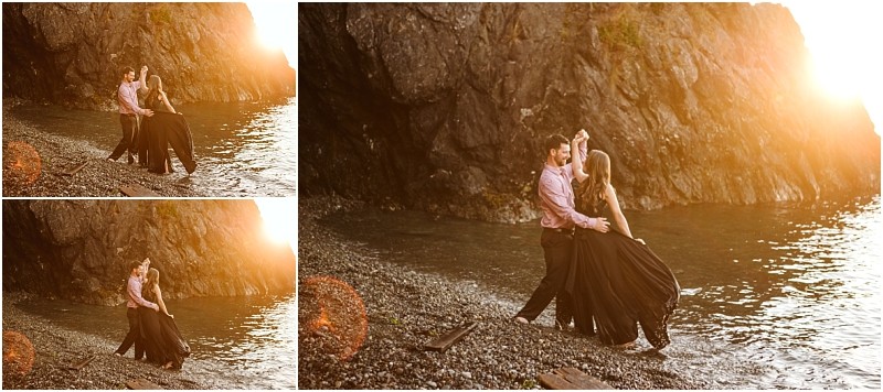 Snohomish & seattle wedding photographer | gsquared weddings photography a couple dances at the edge of deception passs rocky beach at sunset during their august engagement golden light illuminating her long black dress and his dark pants with a pink shirt | wedding photo by gsquared weddings