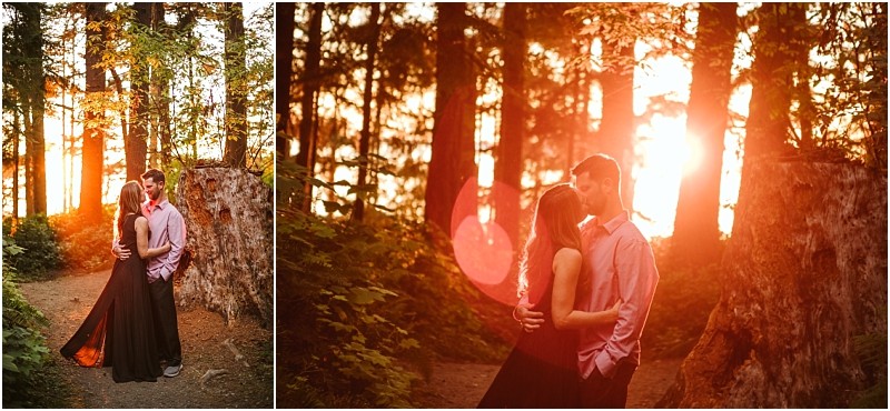 Snohomish & seattle wedding photographer | gsquared weddings photography a couple embraces on a forest path at sunset during their deception pass august engagement surrounded by tall trees and golden sunlight streaming through creating a warm and romantic atmosphere | wedding photo by gsquared weddings