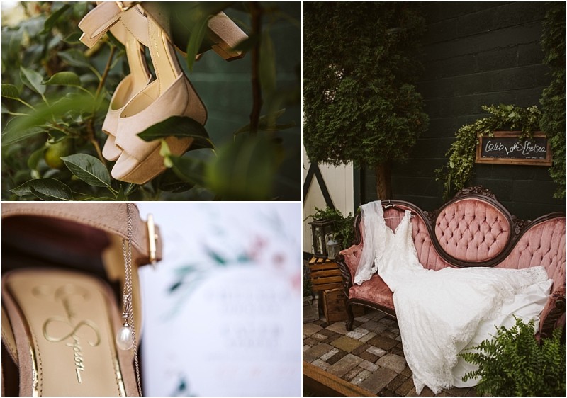 Snohomish & seattle wedding photographer | gsquared weddings photography a collage from a summer barn at holly farm wedding shows blush pink bridal shoes hanging on a branch a close up with a pearl necklace and a vintage pink sofa draped with a lace wedding dress in a garden setting | wedding photo by gsquared weddings
