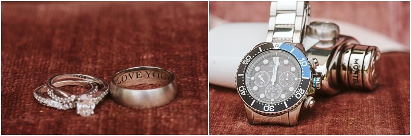 Snohomish & seattle wedding photographer | gsquared weddings photography a close up of two diamond rings and a silver band engraved with love you perfect for an a summer barn at holly farm wedding alongside a silver wristwatch and cologne bottle on a textured brown surface | wedding photo by gsquared weddings