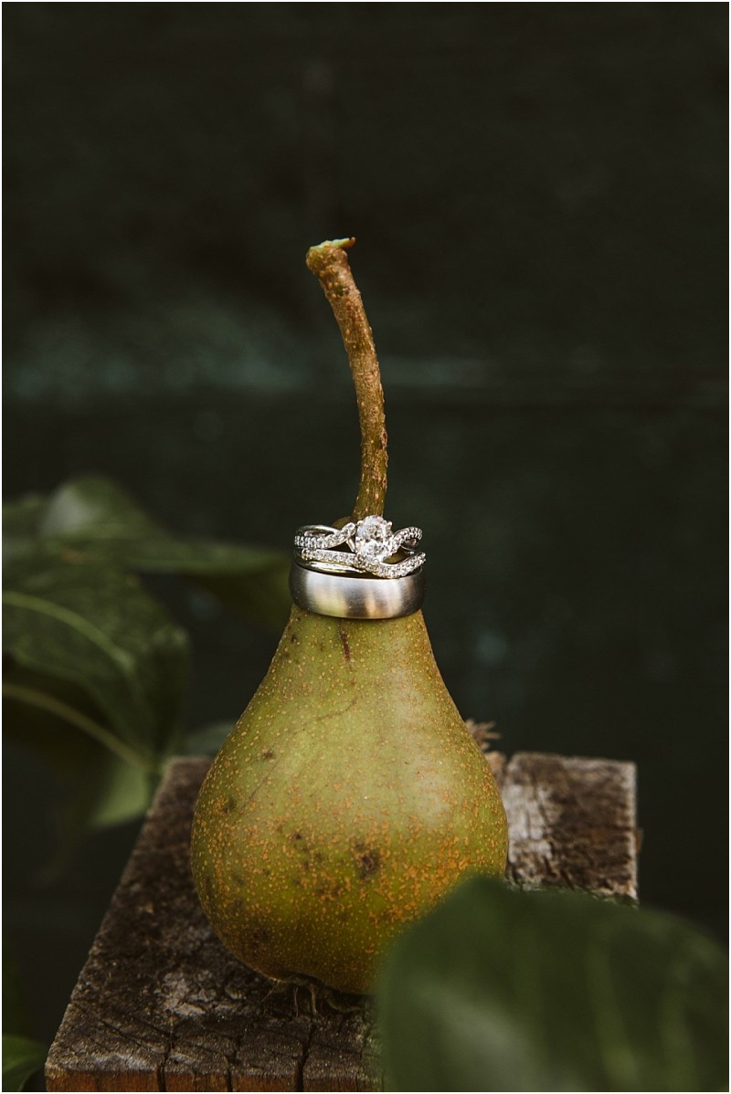 Snohomish & seattle wedding photographer | gsquared weddings photography a pair of wedding rings rest on the stem of a green pear which is placed upright on a wooden surfacea charming detail from a summer barn at holly farm weddingset against a dark blurred background | wedding photo by gsquared weddings