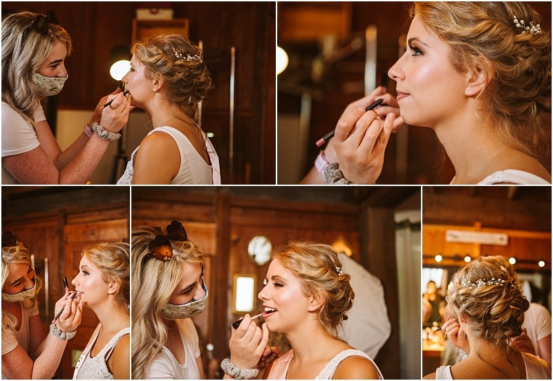 Snohomish & seattle wedding photographer | gsquared weddings photography a makeup artist wearing a mask applies makeup to a blonde woman in a white top before her a summer barn at holly farm wedding The collage shows close ups and different angles in a warmly lit room | wedding photo by gsquared weddings