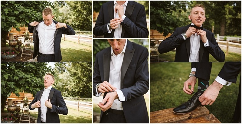 Snohomish & seattle wedding photographer | gsquared weddings photography a collage shows a man outdoors at a summer barn at holly farm wedding dressing in a black suit adjusting his jacket cufflinks and bow tie and tying his shoe with greenery and a wooden fence in the background | wedding photo by gsquared weddings