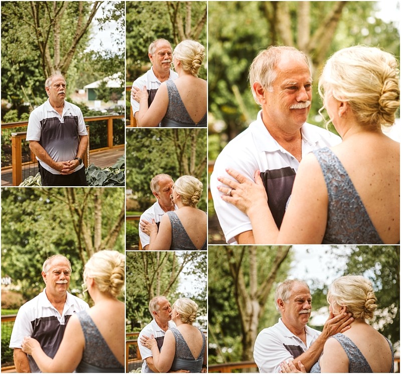 Snohomish & seattle wedding photographer | gsquared weddings photography a collage of photos showing an older man and a woman with blonde hair dressed up and interacting emotionally outdoors embracing and talking in a lush green garden at a summer barn at holly farm wedding | wedding photo by gsquared weddings